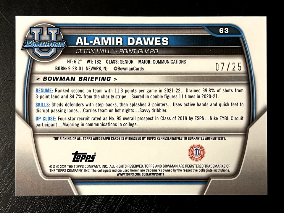 Al-Amir Dawes 2022-23 Bowman University Chrome Orange Shimmer Refractor Auto /25 - Image 2 of 2