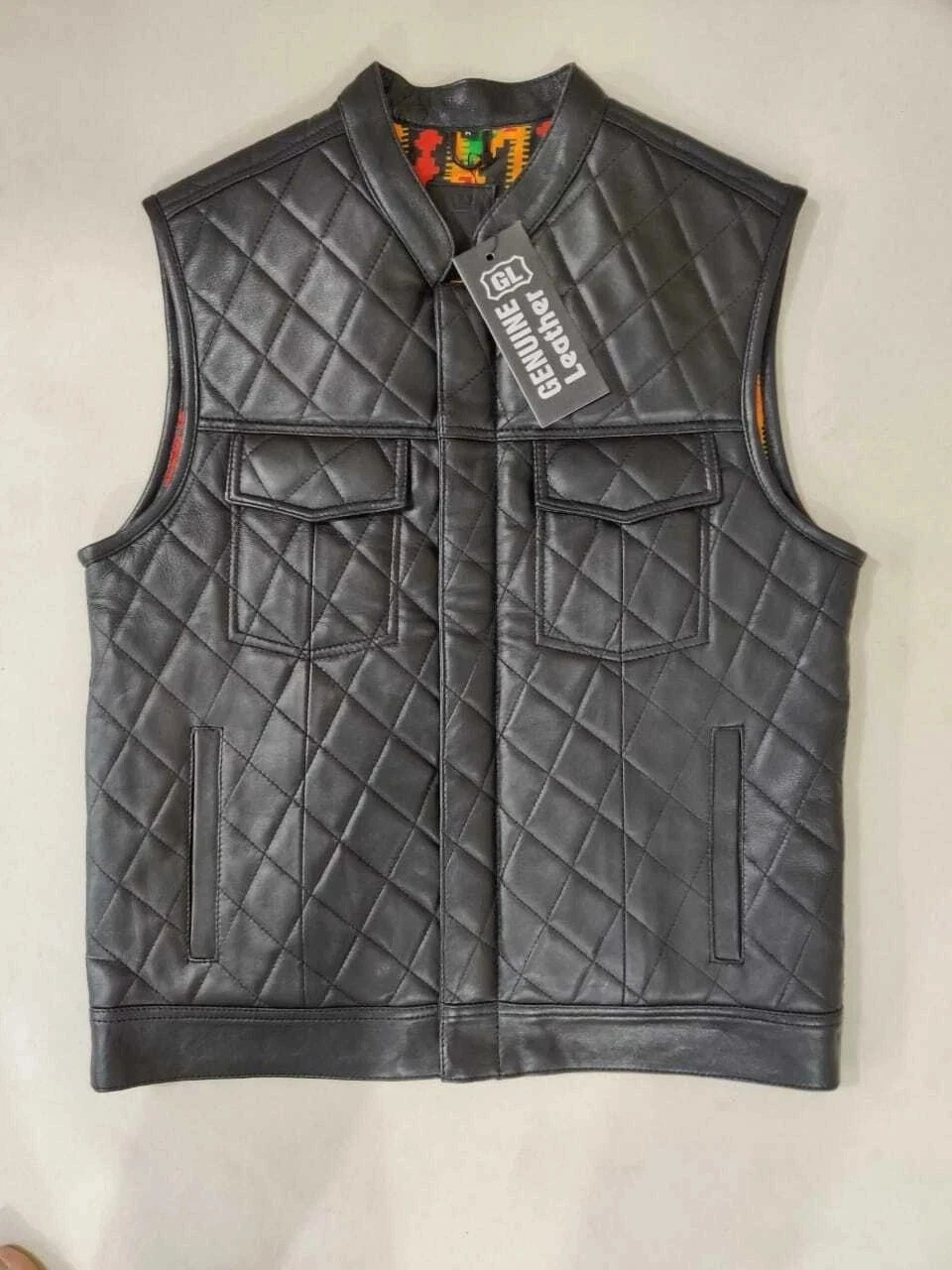 MEN'S GENUINE LEATHER BIKER CLUB VEST WITH QUILTED PANELS BLACK BIKERS VEST