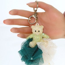 Rhinestone Resin Bear Bag Charm Keychain with Green and White Tulle Skirt