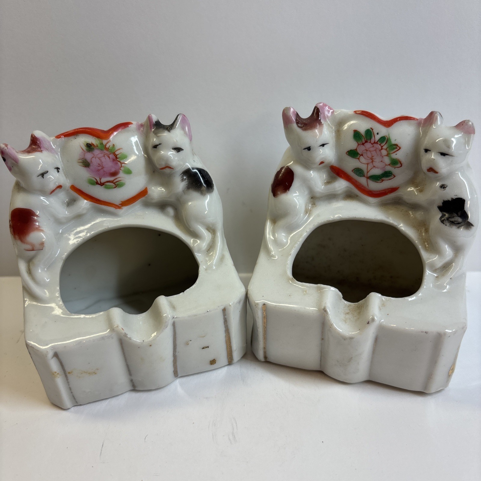 Vintage Ceramic Cat Toothpick Or Match Holders Set of 2 Japan Style Cats Floral