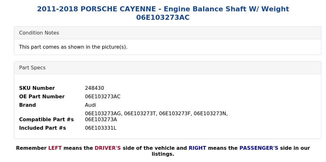 2011-2018 PORSCHE CAYENNE - Engine Balance Shaft W/ Weight 06E103273AC
