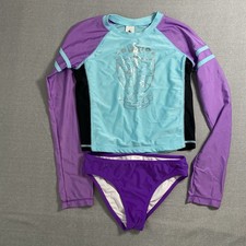 Disney Store Girls Princess Rash Guard Swimsuit Size 11/12 Aqua Purple 2PC