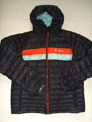 Cotopaxi Fuego Hooded Down Jacket Men S Black Orange Aqua Stripe Gear for Good