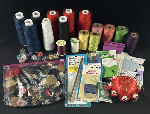 Mixed Lot of Sewing Items Supplies Thread Needles Buttons Pin Cushion