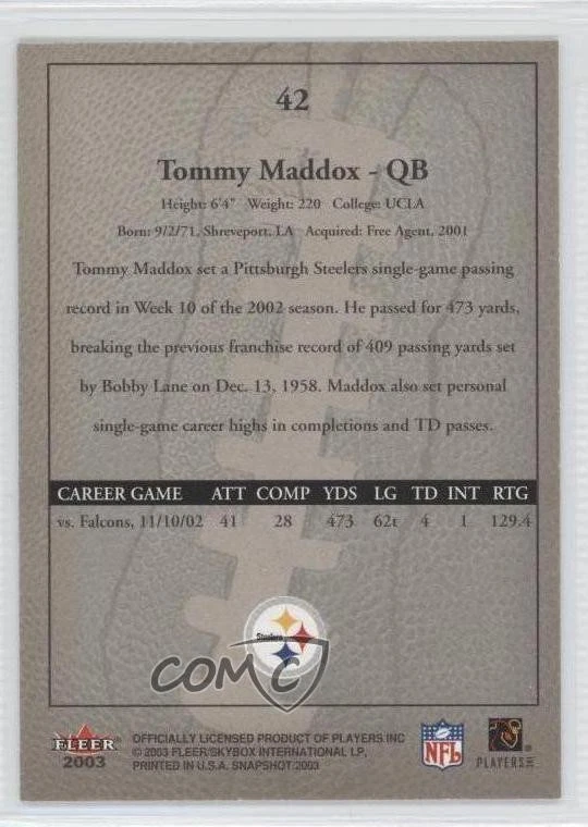 2003 Fleer Snapshot Tommy Maddox #42 - Image 2 of 2