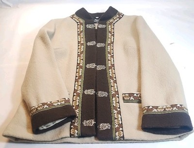 Vtg Fjord Fashions Nordic Jacket Pure Wool Beige Brown Pewter Clasps Size 46