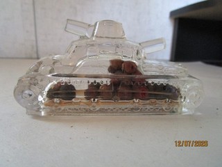 Victory Glass Co. Miniature Wartank Candy Container w/Original Candy Pellets