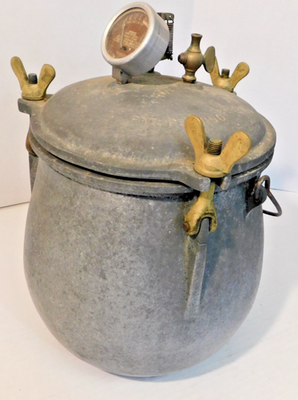 #ad vtg The Pressure Cooker Co. Denver alumium and brass pressure cooker $35.00