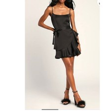 NWT Women's Lulus Black Short Ruffle Waist Tie Cocktail Party Dress Sz Large