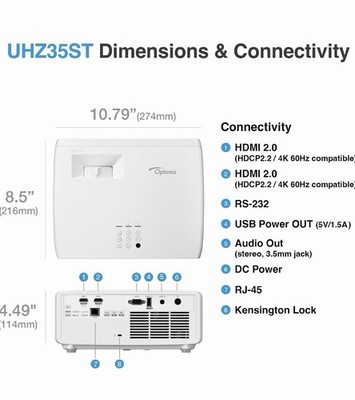 Optoma UHZ35ST  36 - 300'' Eco Friendly 4K UHD Compact Laser Projector