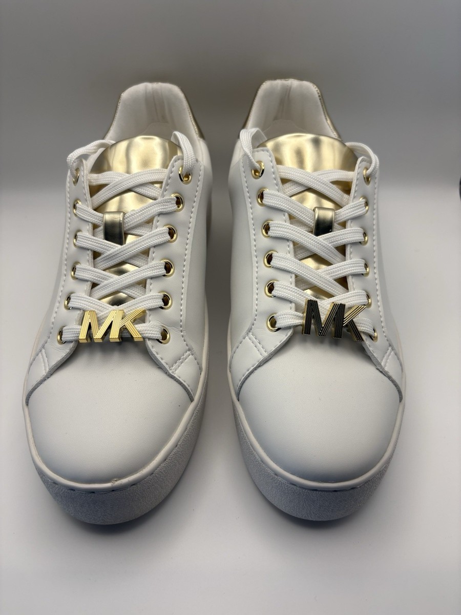 Michael Kors Poppy Lace Up Sneakers White Gold Metallic Logo Faux 