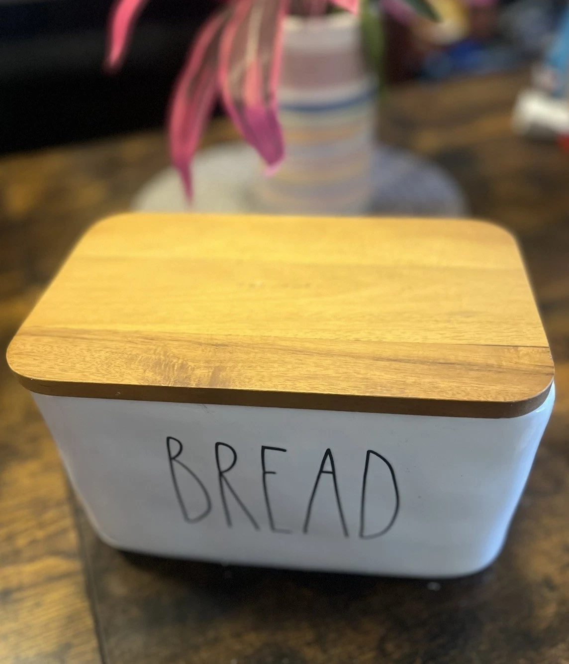 Rae Dunn Ceramic Bread Box With Wooden Lid