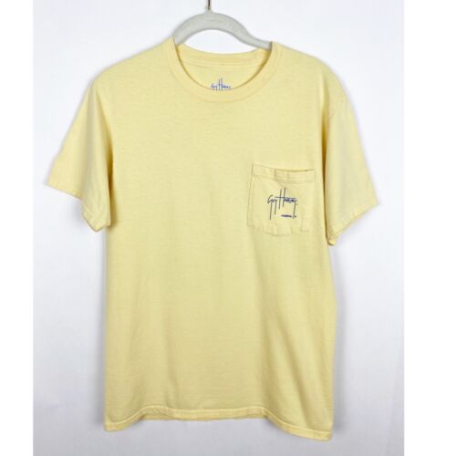 Camicia Guy Harvey da uomo piccola grafica gialla manica corta top logo tasca - Foto 1 di 4