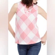 Crown & Ivy 100% Linen Pink and White Gingham Sleeveless Shirt Size Medium