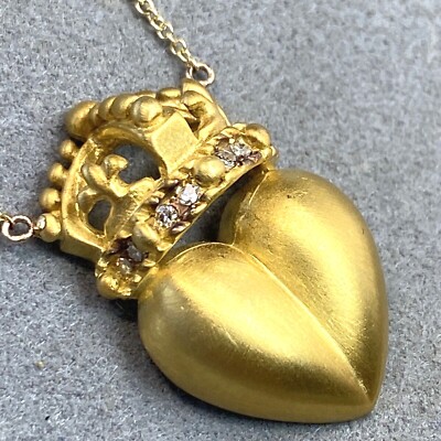 Vintage Diamond Crown Heart Fleur-De-Lis Pendant Necklace Estate Fine Jewelry