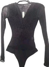 San Joy Women's Black Lace Sheer V Neck Long Sleeve Bodysuit Size S