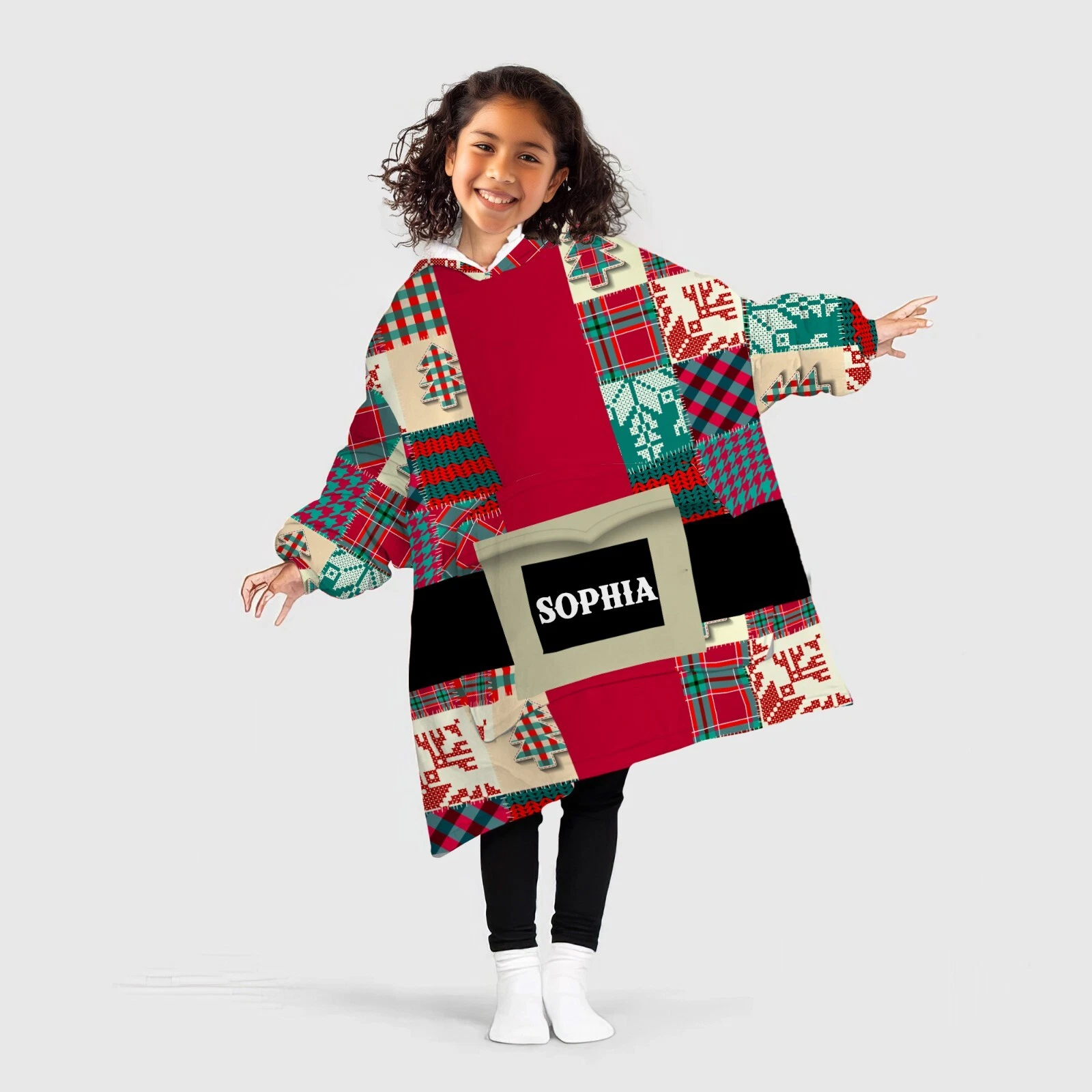 Personalized Santa Coat Christmas Pattern Patchwork Blanket Hoodie