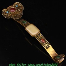 Old Chinese Copper inlay Whiet Jade Gems Feng Shui Auspicious RuYi Ru Yi Statue