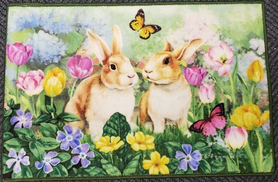 Nylon Kitchen Rug (20''x30'') 2 BUNNIES,BUTTERFLIES & SPRING COLORFUL FLOWERS,CE 