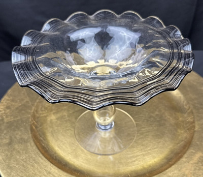 H.C. Fry Art Glass Compote Black Threaded Rim Bubble Stem Vintage