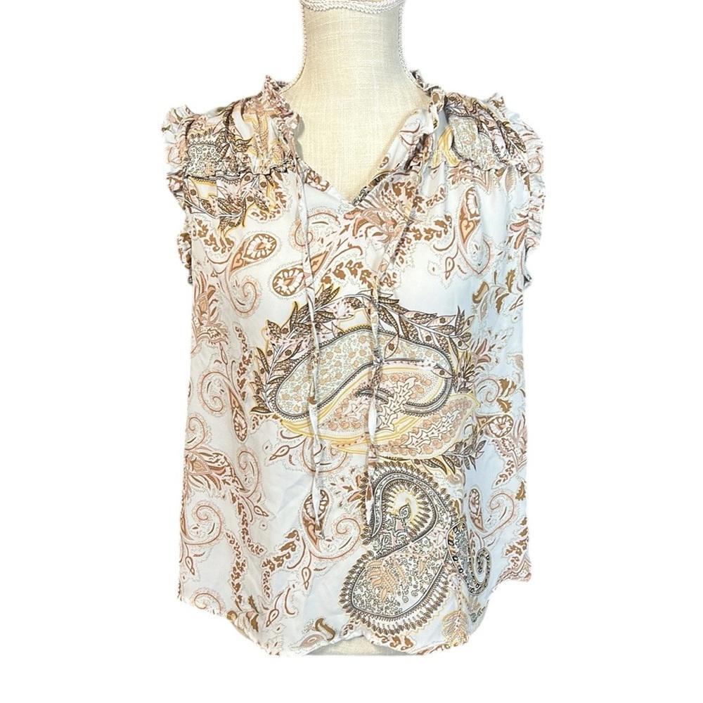 Carolina Belle Sleeveless Blouse Shirt White Brown Paisley Womens