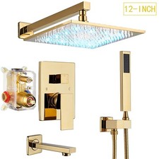 Gold Shower Faucet Set 12" Rain Shower Head Combo Tub Filler Spout Wall Mounted