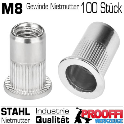 100 Stück M8 Gewinde Nietmutter Hülse STAHL Einnietmutter Für Gewinde Nietzange