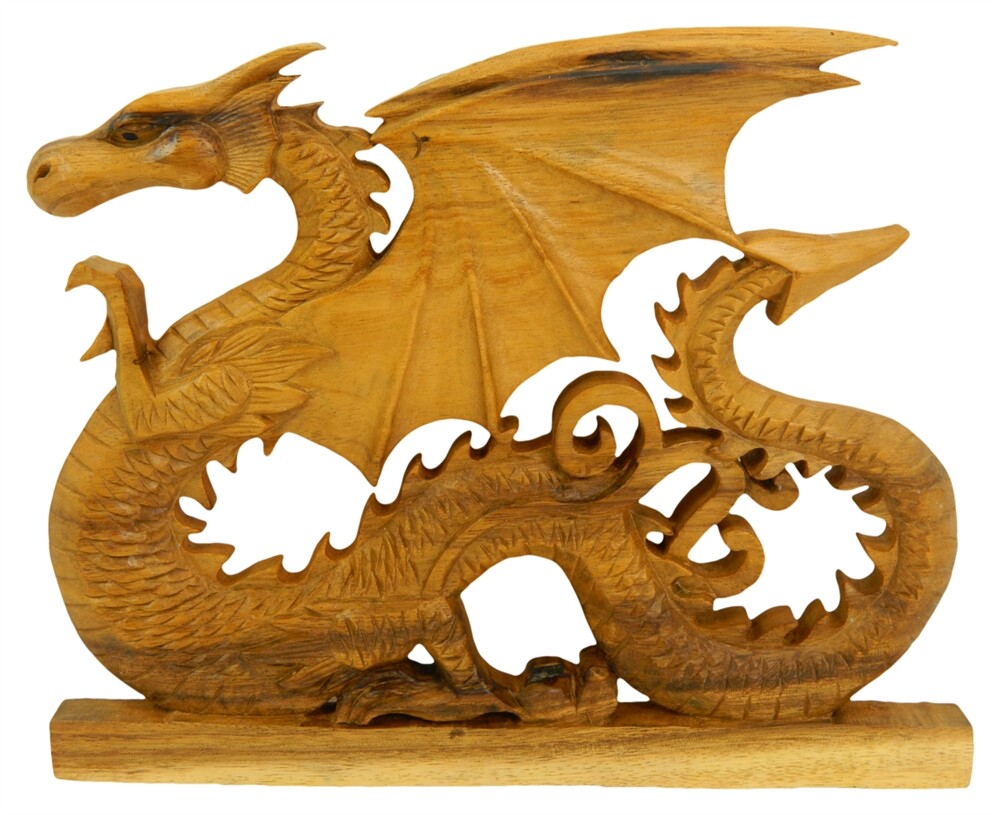 Wooden Dragon Wall Art Carving Hanging Tile Plaque - Welsh Dragon Rampant