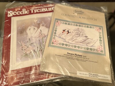 Vintage Lot Of 2 Swan Cross Stitch Kits Made In USA *sealed