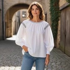 Madewell White Embroidered Poplin Blouse Balloon Sleeve Top Cotton Women's XS