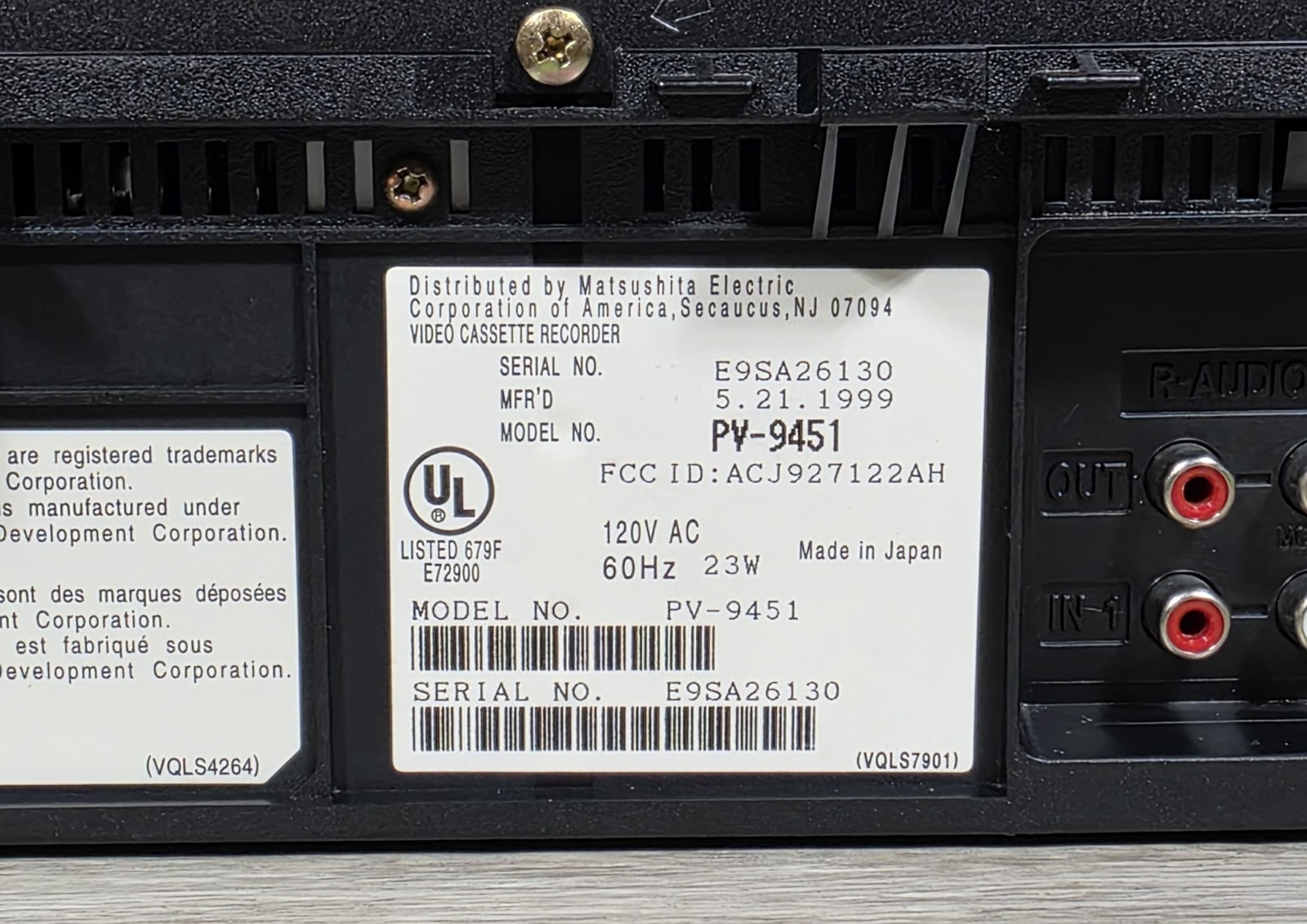 Panasonic PV-9451 Omnivision Blue Line VCR 4-Head Hi-Fi Video w/Remote - TESTED 