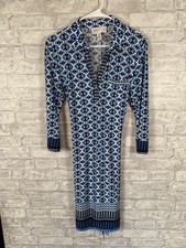 Donna Morgan Geometric Popover Blue Shirt Dress Womens Size 6 Stretch Belted