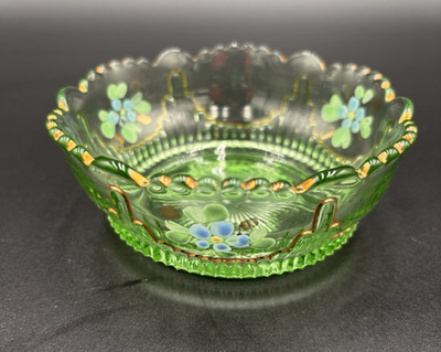 Vinntage Uranium glass,Northwood, 1900's, Optica, enamel, gold trim, deco, glows