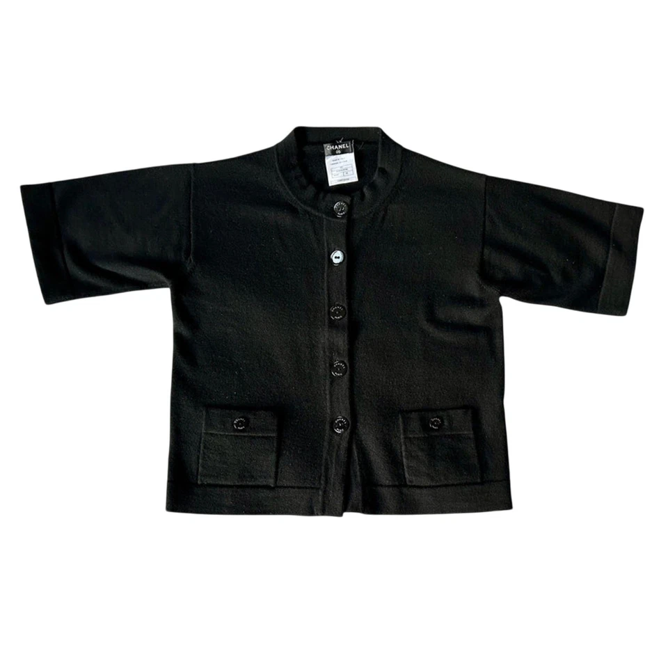 Chanel Jumper Cardigan FR 38 UK 10 US 6 M Black Wool Sweater Pockets Logo Button - Image 2 of 4