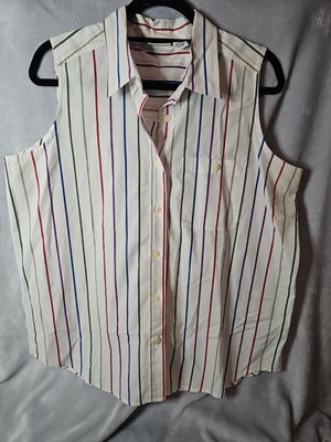 Classic Elements White & Rainbow Stripes Button Front Sleeveless Blouse Size L