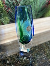 Murano Sommerso Faceted Vase Bucella Cristalli Blue Green 6 3/4" No Chips
