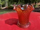 Antique Marigold Squatty Carnival Glass Vase / Fenton / Diamond Point Columns