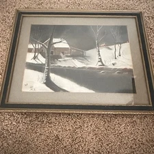 Vintage Winter Farmhouse Landscape Charcoal, Signed, Framed Wall Art