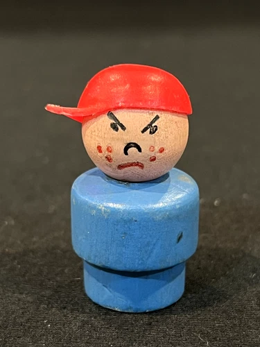 Vintage Original Fisher Price Little People Blue Wooden Base Red Baseball Cap