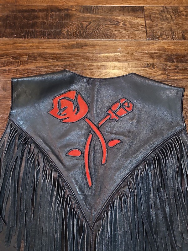 Vintage Leather Vest Black & Red Roses~ Fringed XL Must See🔥🔥🔥🔥