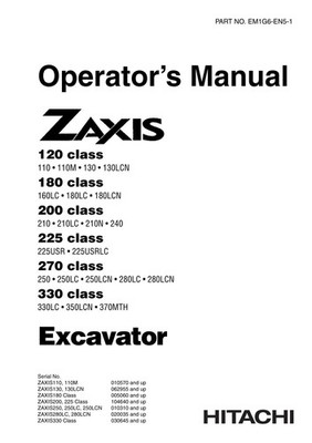 HITACHI ZAXIS ZX 110 110M 180LC 225USR 225USRLC EXCAVATOR OPERATORS MANUAL