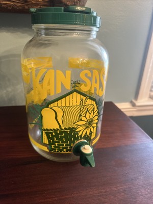 Vintage KANSAS Lemonade  SunTea Glass Jug 1 Gallon Screw Top Spigot Green Yellow
