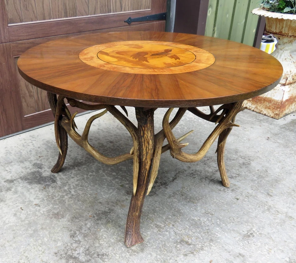 Antique Black Forest Rustic Adirondack Antler Table Inlaid Top - Image 4 of 4