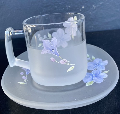 Frosted Square Glass Cup & Saucer Tropical Floral Punch Design - Picture 6 of 10