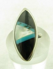 Vintage Turquoise Black Onyx Mother of Pearl MOP Sterling Silver 1 1/4" Ring 5.5