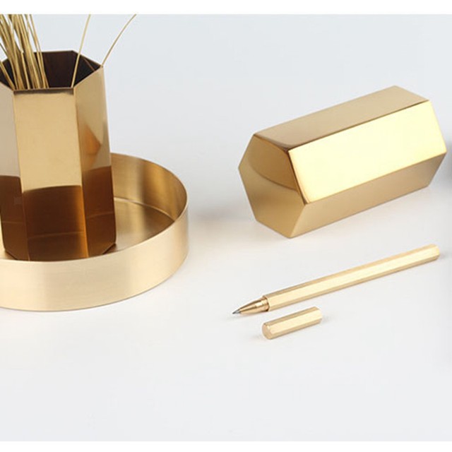Modern Gold Hexagonal Stainless Steel Pencil Holder Pen Pot Desk
