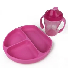 Sippy Cup Portion Plate Kids Dish Set Silicone Suction Plate Toddler Drink Pink