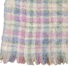 Vintage Saks Fifth Avenue Wool Woven Plaid Lap Blanket Fringe Edge Pastel 48x69"