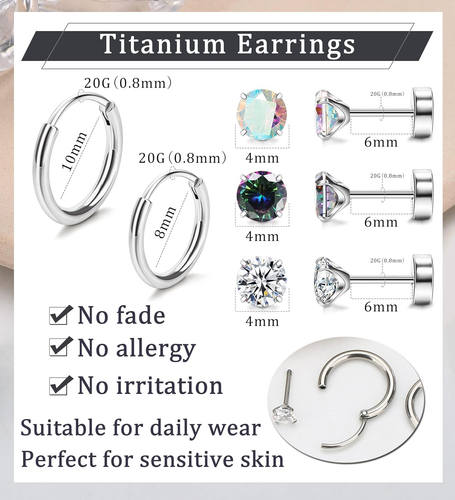 Titanium Earrings for Sensitive Ears - 20G Studs and Hoops with Cubic Zirconia, - Picture 4 of 12