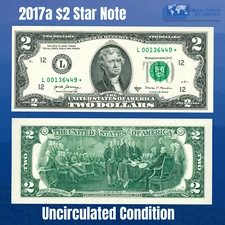 ✯One 2017A $2 DOLLAR BILL Star Replacement Notes, Star note, Scarce, UNC